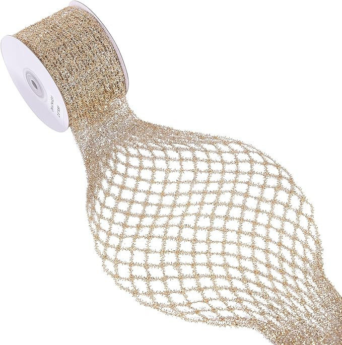 Gold Stretchable Glitter Metallic Mesh Ribbon Wired Web Ribbon Wide 2.5" to 7" for Christmas Tree... | Amazon (US)