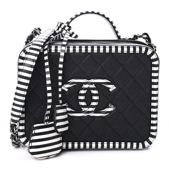 CHANEL Caviar Quilted Striped Medium CC Filigree Vanity Case Black White | Fashionphile