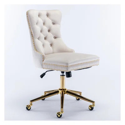A&A Furniture Beige Velvet Tufted Office Chair with Gold Metal Base - Adjustable Swivel Office Desk Chair | Wayfair North America
