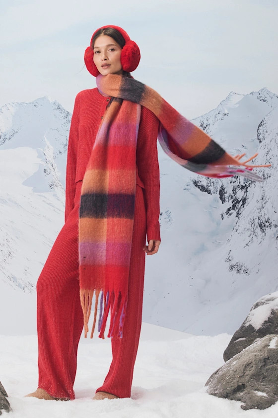 Fayden Berry Red Multi Plaid Oversized Fringe Scarf | Lulus