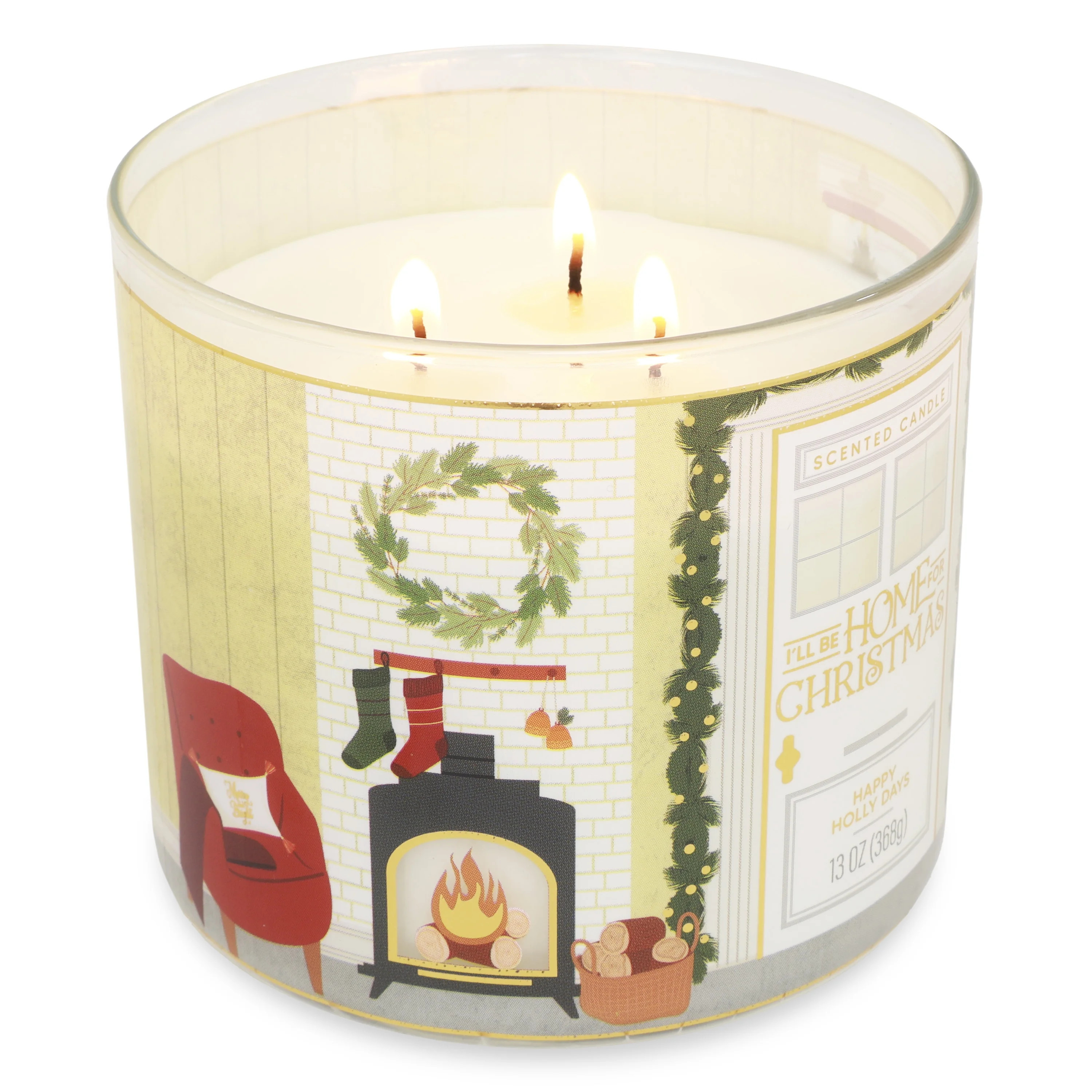 Mainstays 3-Wick Happy Holly Days Scented Candle with a Garland Scene Wrap, 13-Ounce | Walmart (US)