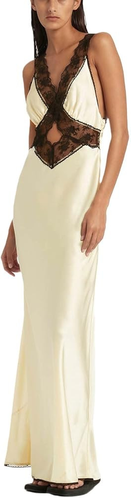 FeMereina Women 's V Neck Satin Long Dress Sleeveless Lace Patchwork See Through Midi Dress Backl... | Amazon (UK)