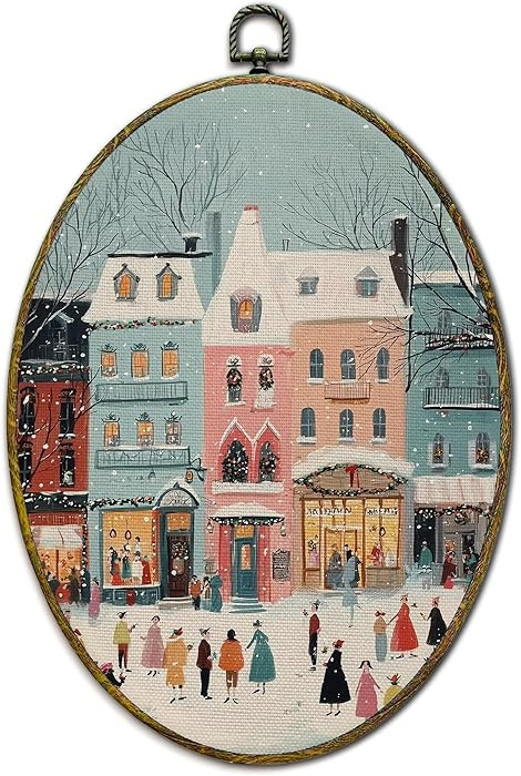 XFCICRLJ Christmas Winter Town Wall Art Decor, Cottagecore Winter Village Oval Canvas Prints Fram... | Amazon (US)