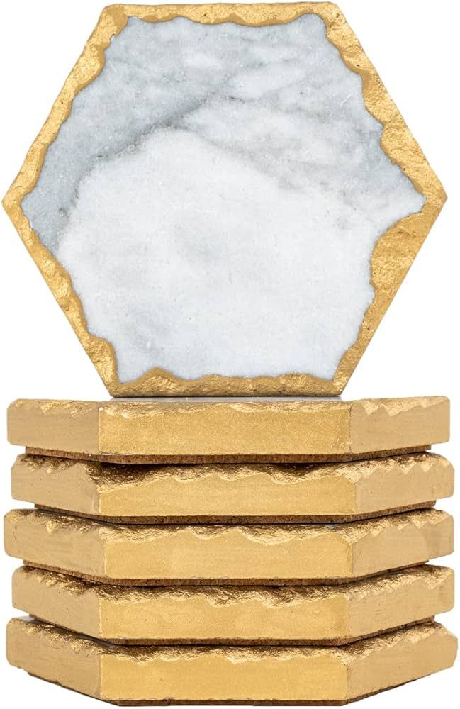 Dear Casa Gold Edge Coasters for Coffee Table (Hexagon) —Set of 6— Handcrafted Real Solid Whi... | Amazon (US)