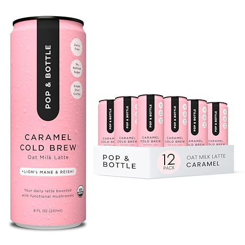 Pop & Bottle, Oat Milk Lattes - Cold Brew with Lions Mane & Reishi, MCT Oil, Single Shot Cold Brew, Mushrooms, Organic, Dairy Free, Gluten Free, Great as Iced Coffee, Lightly Sweetened with Dates - Caramel, 8 Fl Oz (12 Pack) | Amazon (US)