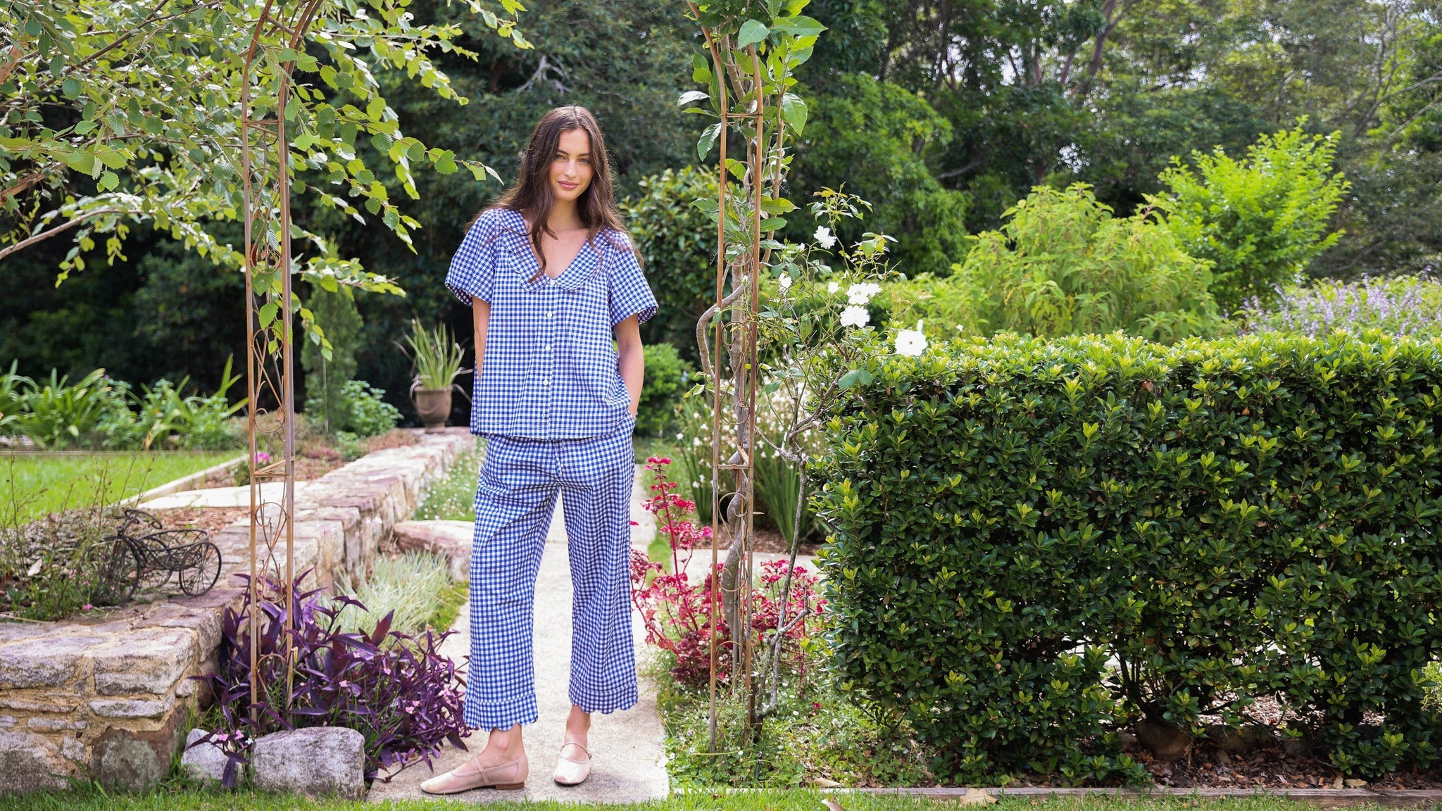 Penelope Sleep Set - Pants - Gingham - Navy | Piyama US