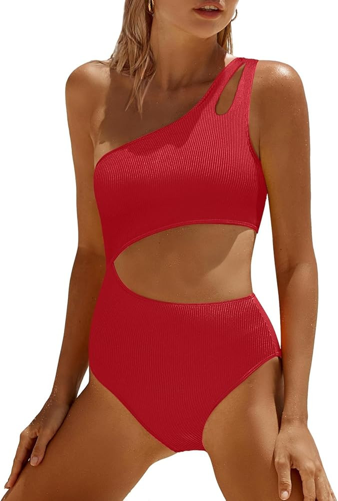 Yonique Cutout One Piece Swimsuit Women - One Shoulder Bathing Suit Ribbed Swimwear 2025 Monokini | Amazon (US)