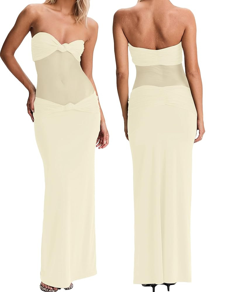 Women’s Maxi Dress Removable Spaghetti Straps Knotted Twist Sweetheart See Through Night Club P... | Amazon (US)