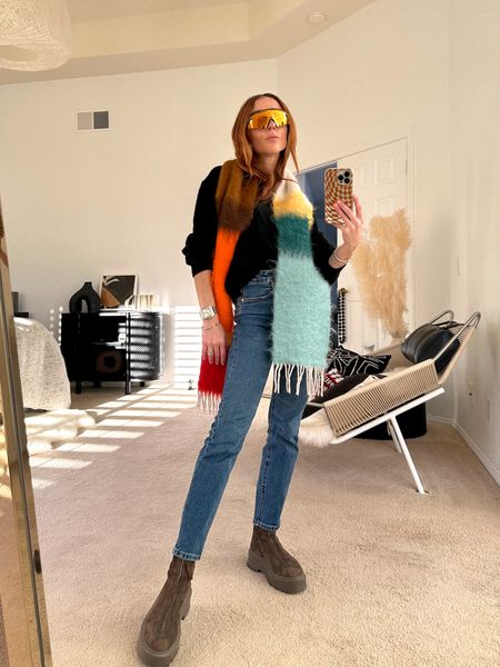 Playful winter outfit style featuring closet staples like a cashmere sweater and stovepipe jeans paired with a rainbow scarf and metallic sport sunglasses.

Style Tip: refresh that on repeat casual outfit via playful accessories. Don’t be afraid to update accessories and repeat outfit base. Capsule wardrobe styling at its finest.



#LTKFind #LTKstyletip #LTKshoecrush