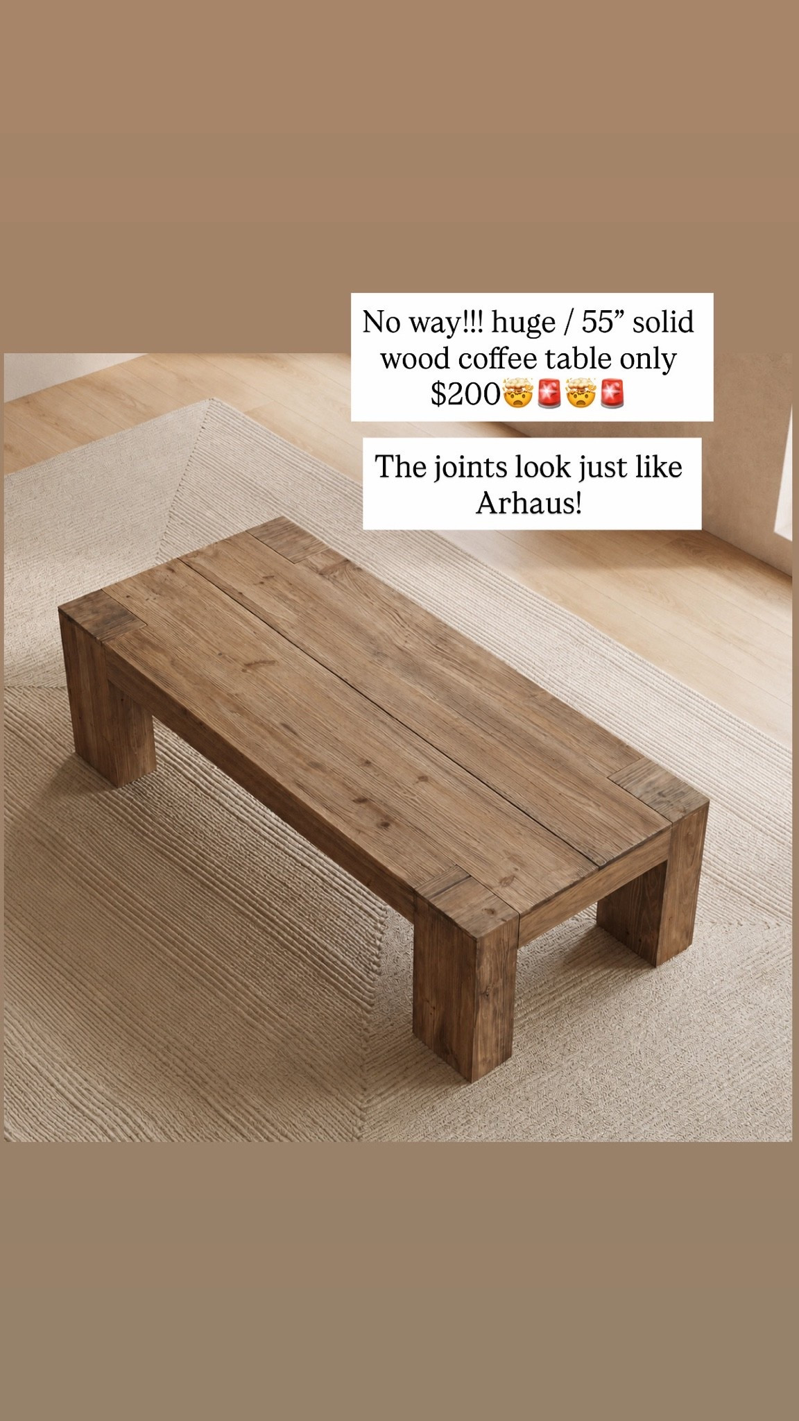 No way!!! huge / 55” solid wood coffee table only $200🤯🚨🤯🚨 

The joints look just like Arhaus!