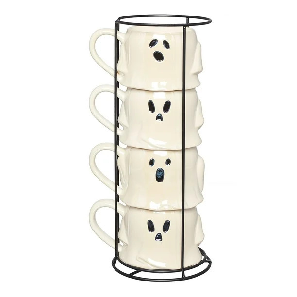 Way to Celebrate 4-Piece 13-Oz White Ghost-Shaped Glazed Ceramic Stacking Mug Set with Metal Rack | Walmart (US)