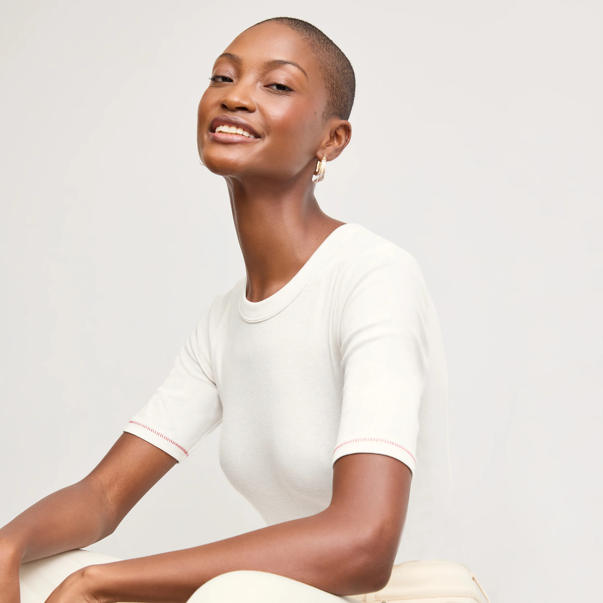 Chana Fitted T-Shirt - Contrast Organic Ribbed Pima Cotton :: Ivory/Red | MM LaFleur