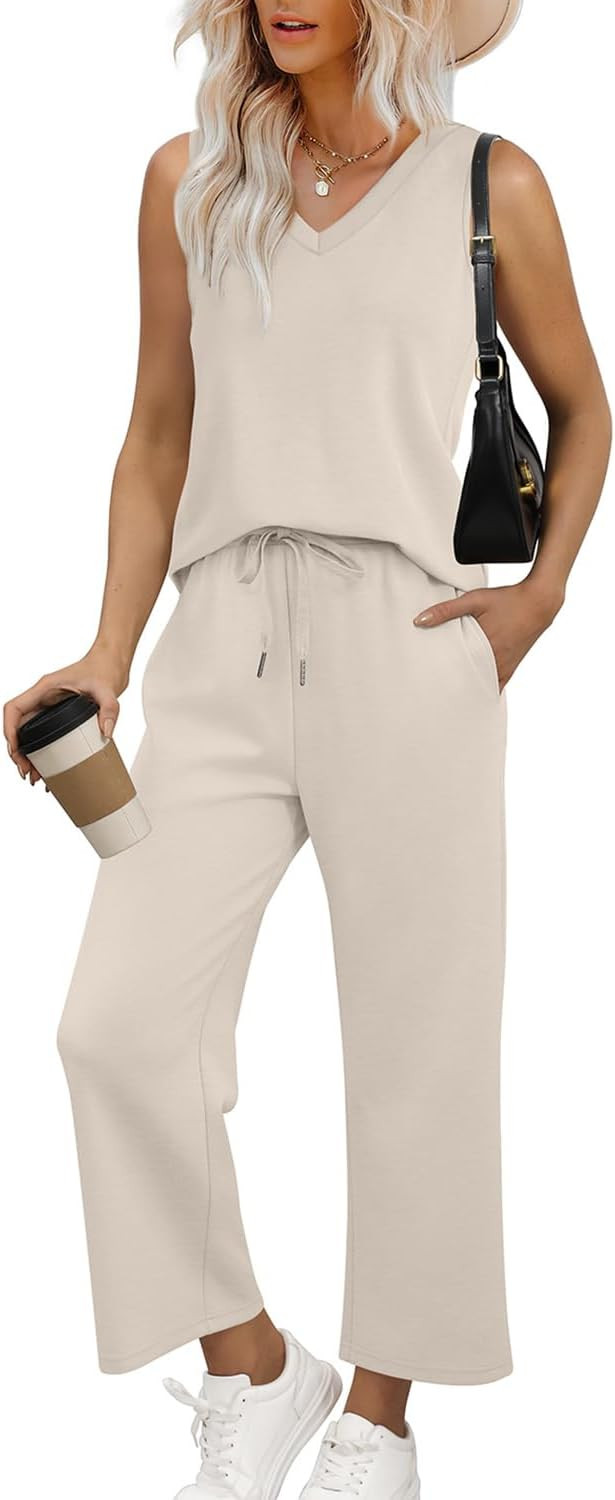 WIHOLL Two Piece Set for Women Summer Outfits Vacation Trendy Lounge Sets V Neck Matching Sets | Amazon (US)