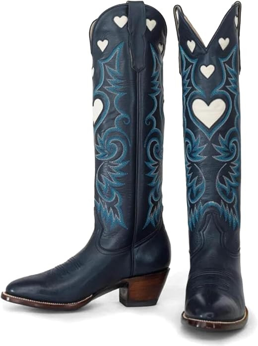 Cowboy Boots for Women Wide Calf Round Toe Chunky Stacked Heel Knee High Cowgirl Boot Heart Patte... | Amazon (US)