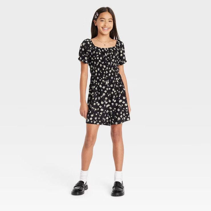 Girls' Puff Short Sleeve Printed Woven Romper - art class™ | Target