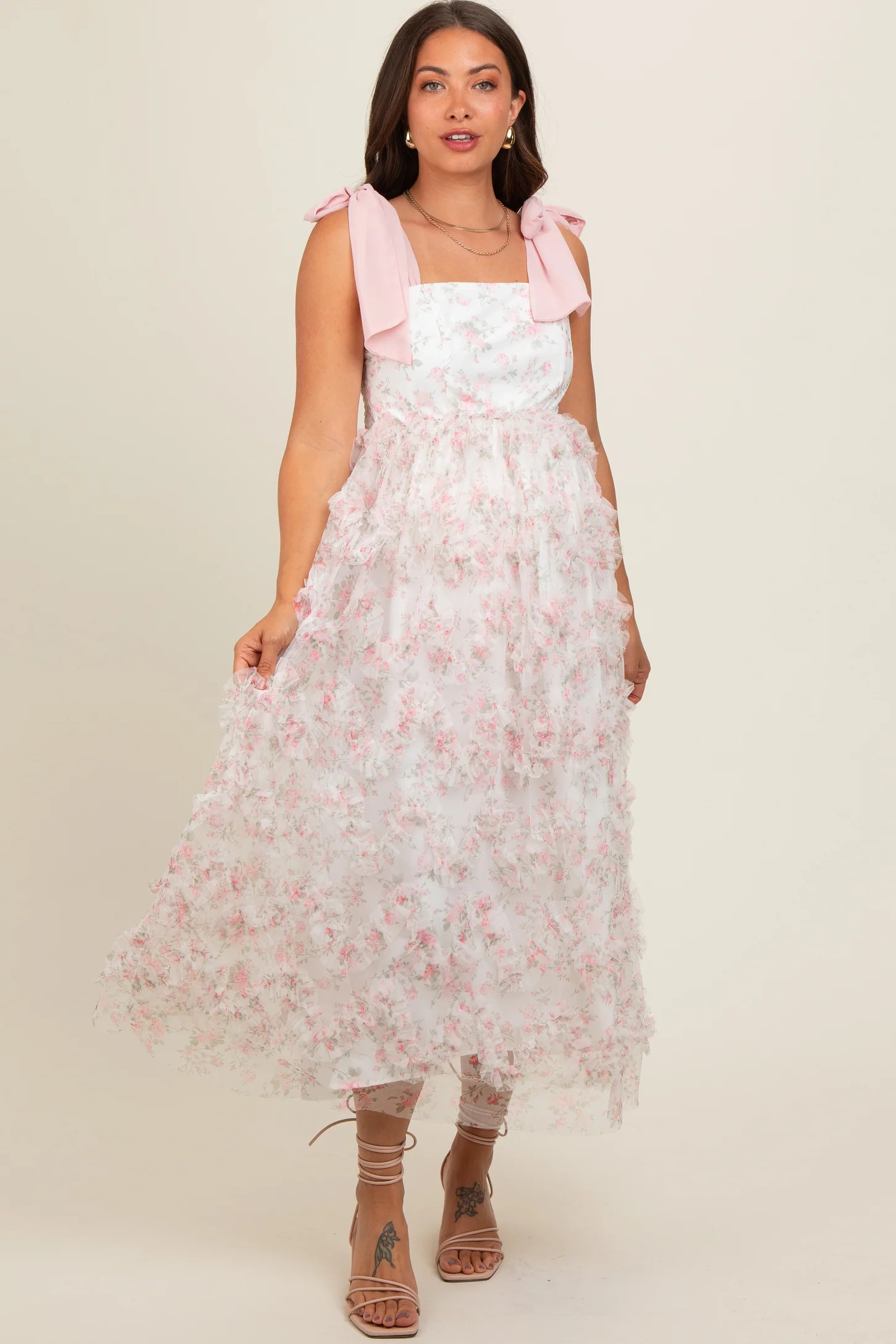 Light Pink Floral Ruffle Tiered Maternity Maxi Dress | PinkBlush Maternity