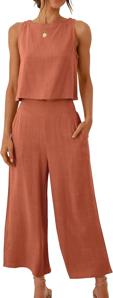 ANRABESS Women's Summer 2 Piece Outfits Sleeveless Crop Top Capri Wide Leg Pants Jumpsuit Linen L... | Amazon (US)