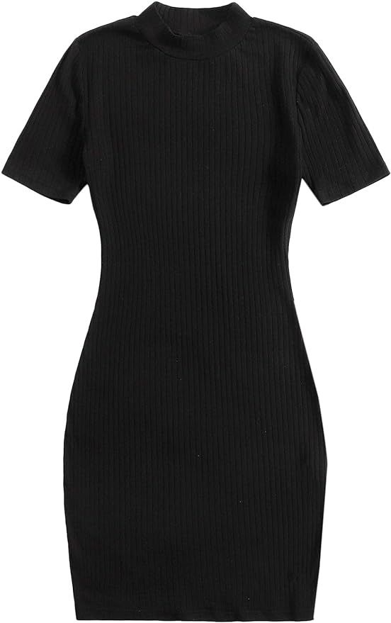 Floerns Women's Solid Rib-Knit Mock Neck Short Sleeve Bodycon Dress | Amazon (US)