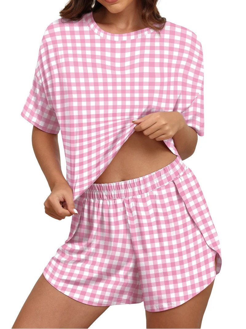 MINTREUS Womens Pajama Sets Striped Print Crew Neck Short Sleeve Tee and Side Split Shorts Lounge... | Walmart (US)