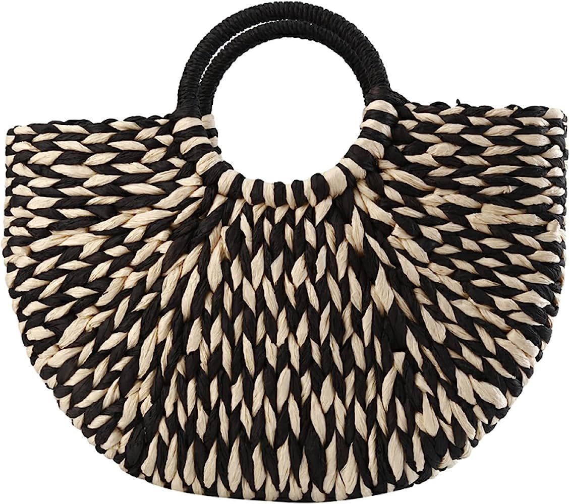 Women Handbag Rattan Wicker Straw Woven Half-round Bag Large Capacity Female Casual Travel Tote F... | Amazon (US)