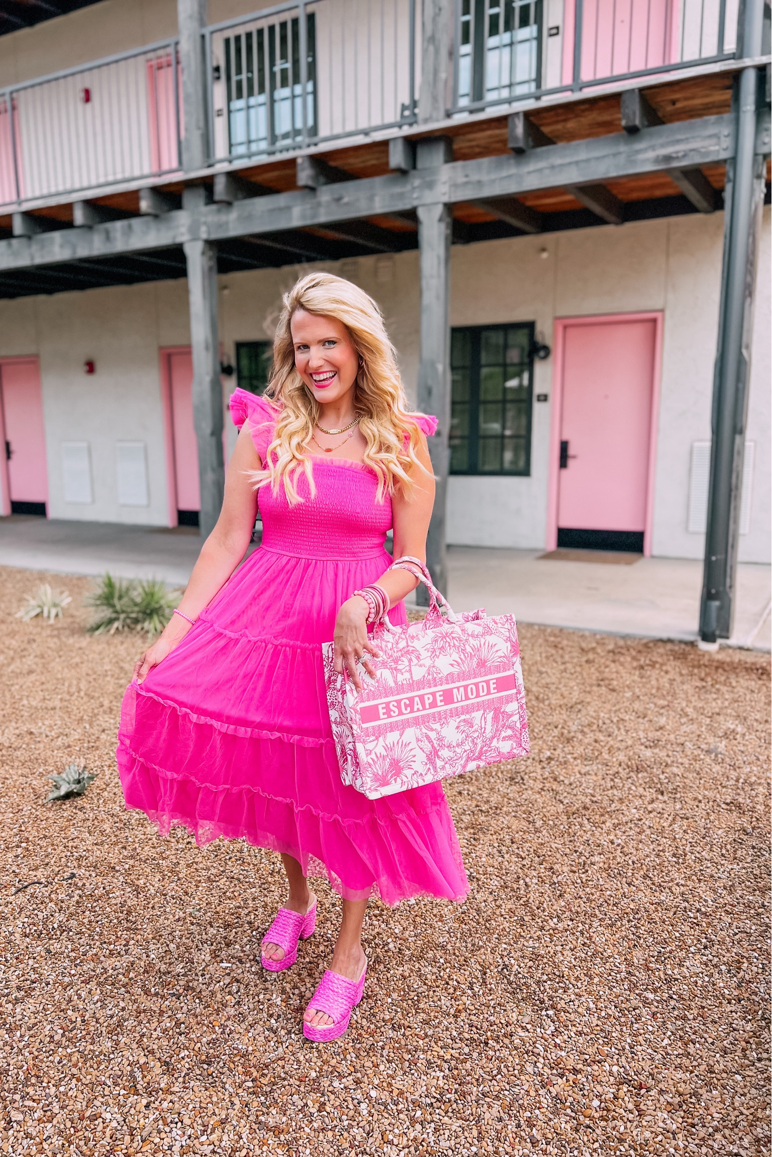 Barbiecore dress
Pink Maxie tulle dress
Pink wedge block heels TTS 
Vacation dress
Date night outfit
Beach dress
Large pink tote
Barbie necklace 
Pink bracelet stack
Barbie dress 
Pink style 
Summer dress
Wedding guest dress



#LTKshoecrush #LTKitbag #LTKunder100