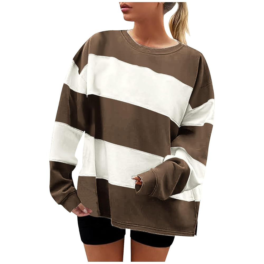 Womens Fall Fashion 2025 Striped Oversized Sweatshirt Plus Size Crewneck Long Sleeve Loose Slit P... | Amazon (US)