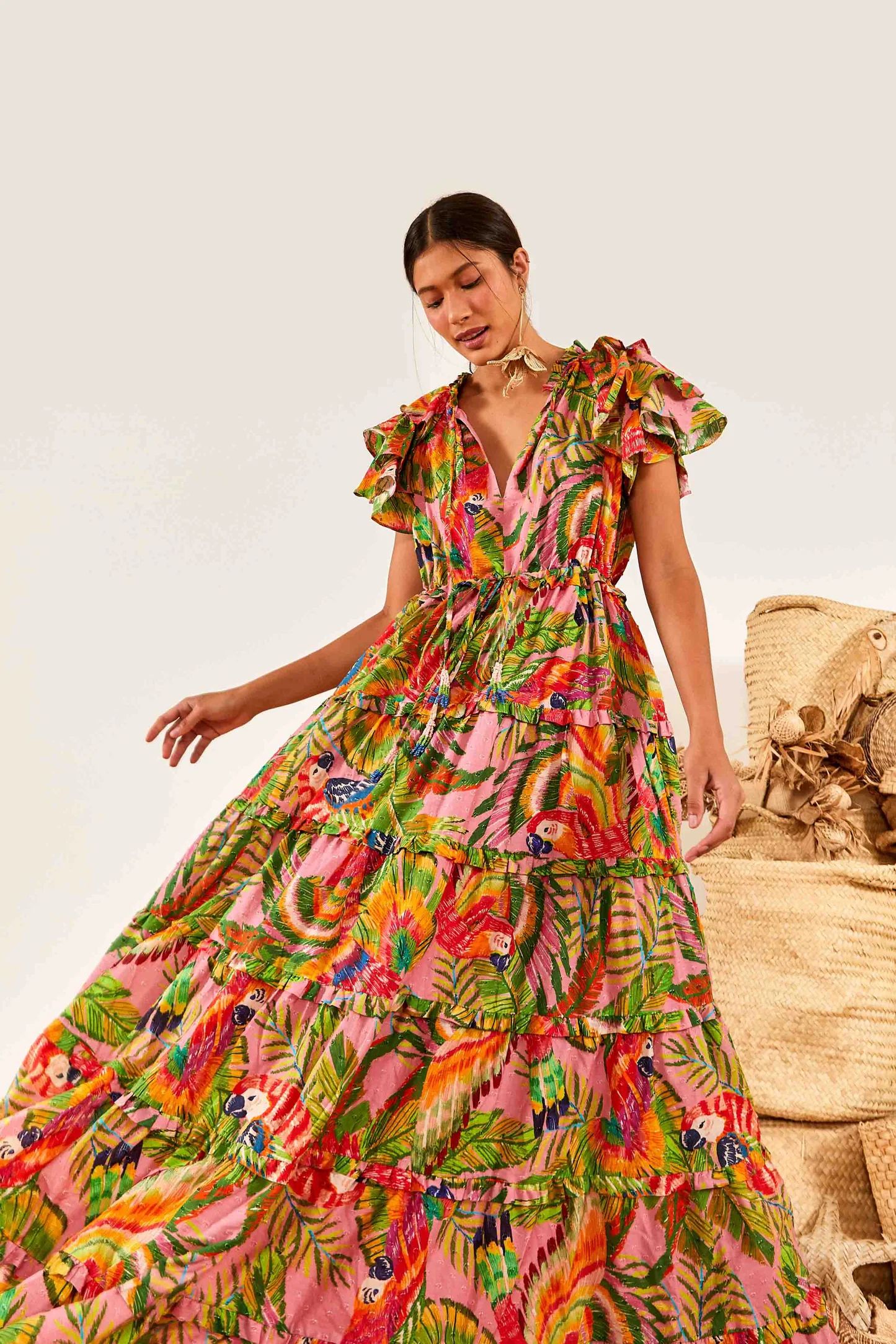 Macaw Leaves Flutter Sleeve Maxi Dress | FarmRio