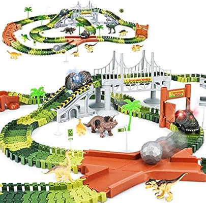 KKONES Dinosaur Toys-273pcs Create A Dinosaur World Road Race-Flexible Track Playset and 2 pcs Co... | Amazon (US)