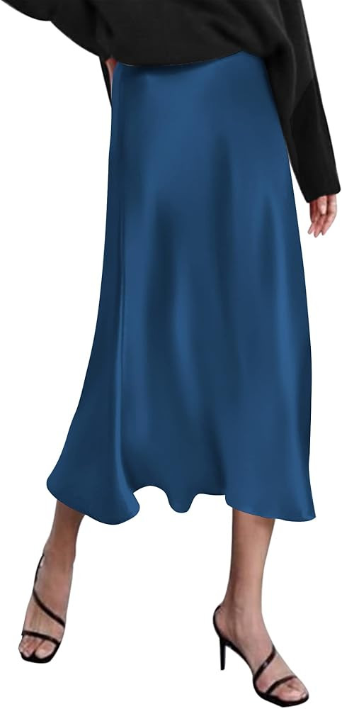Zeagoo Womens Satin Skirts Casual Silk Midi Skirt High Waisted Long Skirts Zipper Elegant Work Sk... | Amazon (US)