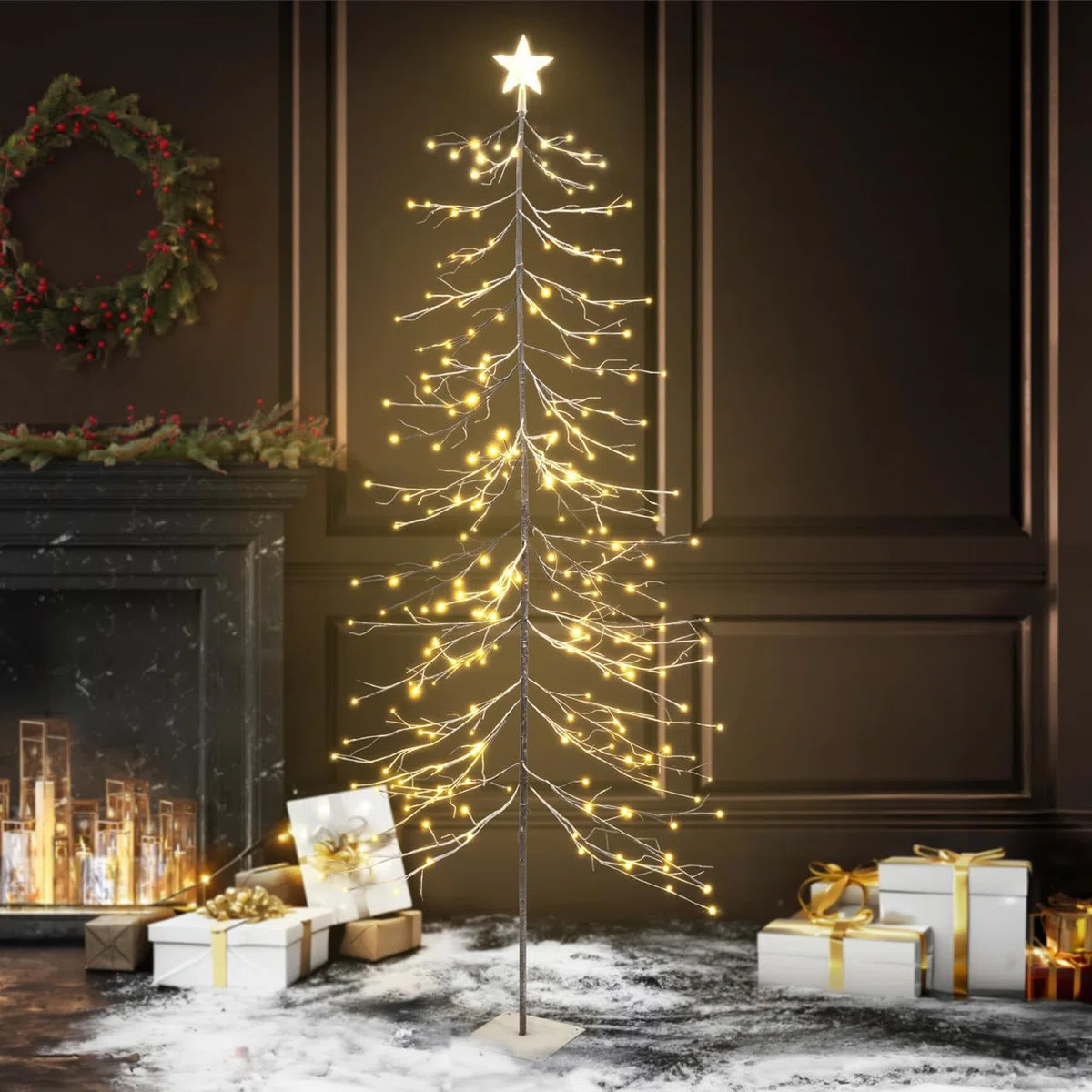 CAPHAUS Twinkling Artificial Flocked Bare Branch Christmas Tree w/ Warm White LED Lights, Star Tr... | Wayfair North America