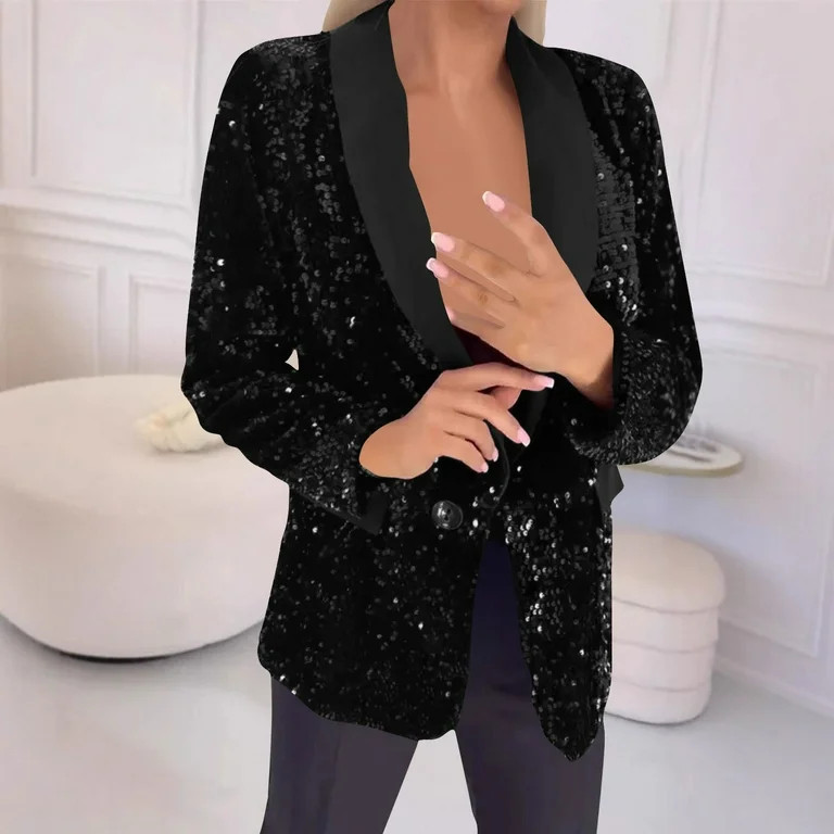 TKLPEHG Women's Evening Sparkle Sequins Open Front Balzers V Neck Long Sleeve Business Casual Bla... | Walmart (US)