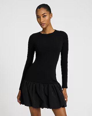 Crew Neck Long Sleeve Drop Waist Bubble Hem Mini Dress | Express