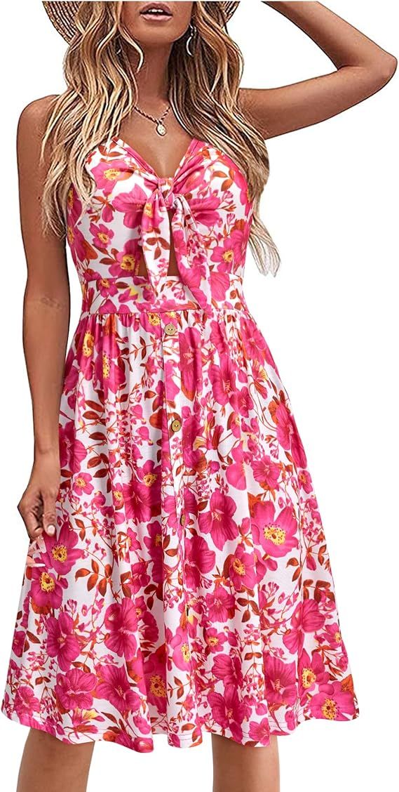VOTEPRETTY Womens' 2023 Summer Sundress Beach V Neck Tie Front Spaghetti Strap Dresses with Pocke... | Amazon (US)