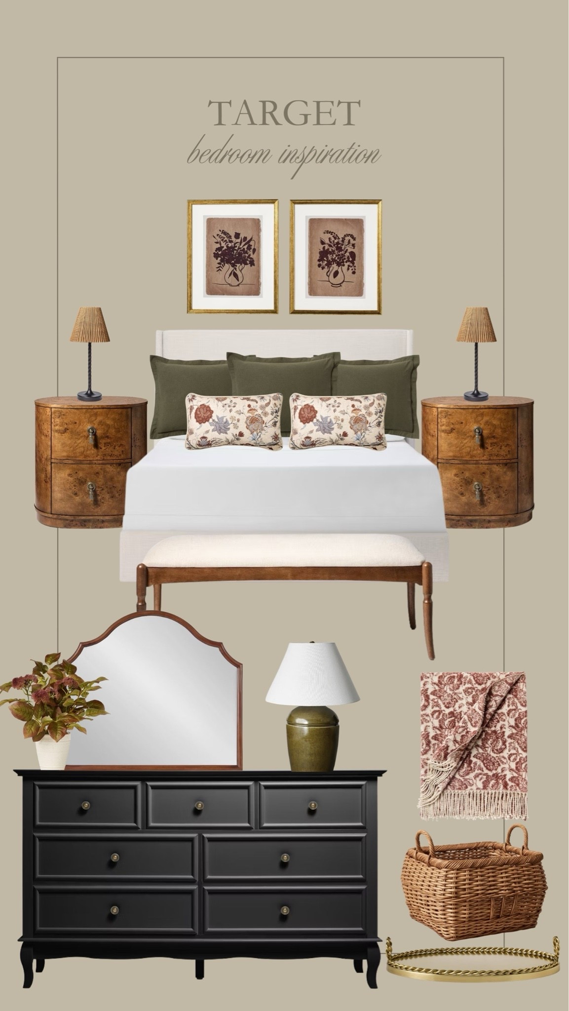 Target bedroom 🤍 Love this mood-board inspiration with all new arrivals from Target. The prettiest nightstands, jewel toned decor, and bedroom decor favorites. 😍🙌🏻