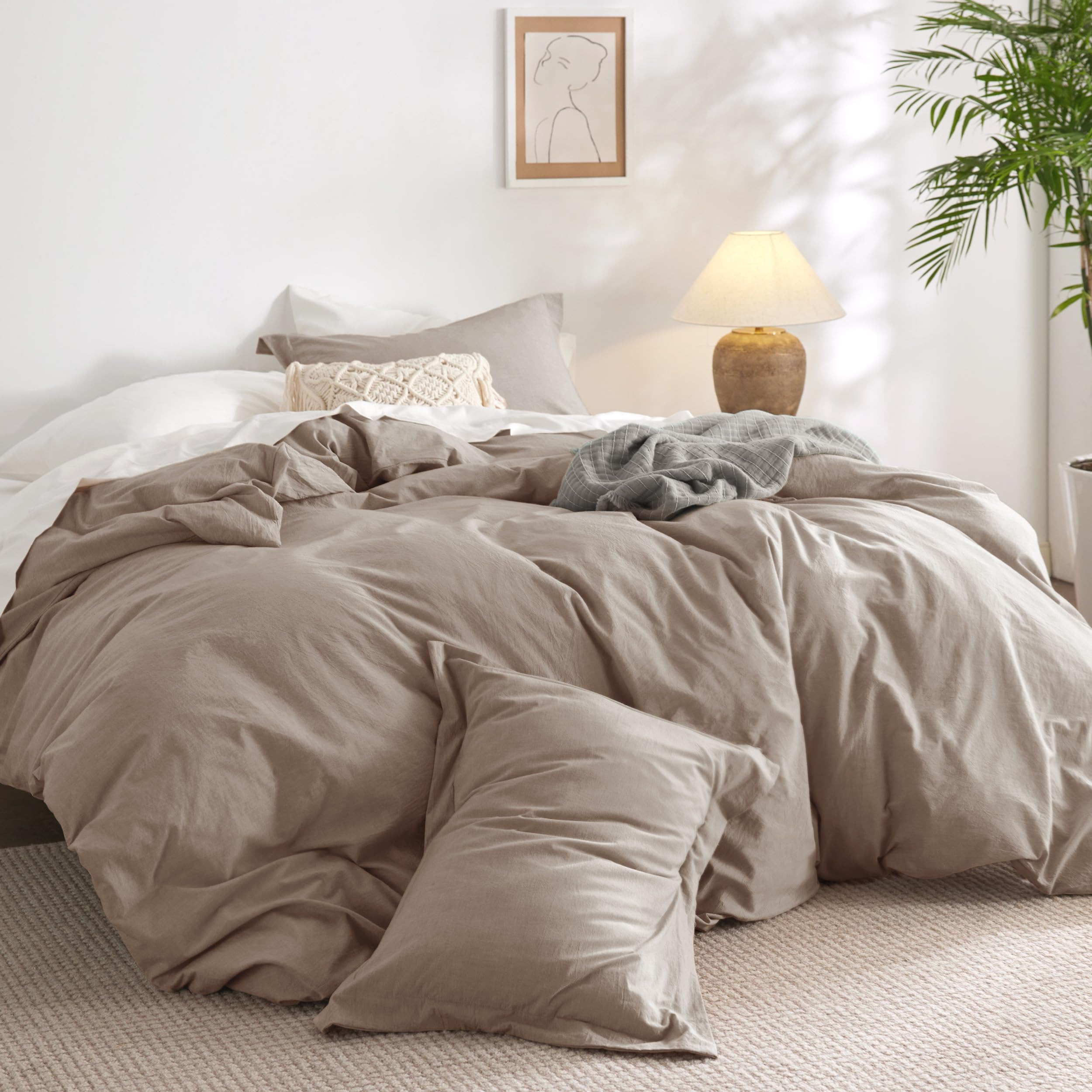 Bedsure 100% Washed Cotton Duvet Cover King Size - Taupe Minimalist Cotton Duvet Cover Set Linen Like - 3 Pieces Plain Simple Bedding Set with 2 Pillow Shams (Taupe, King, 104"x90") | Amazon (US)