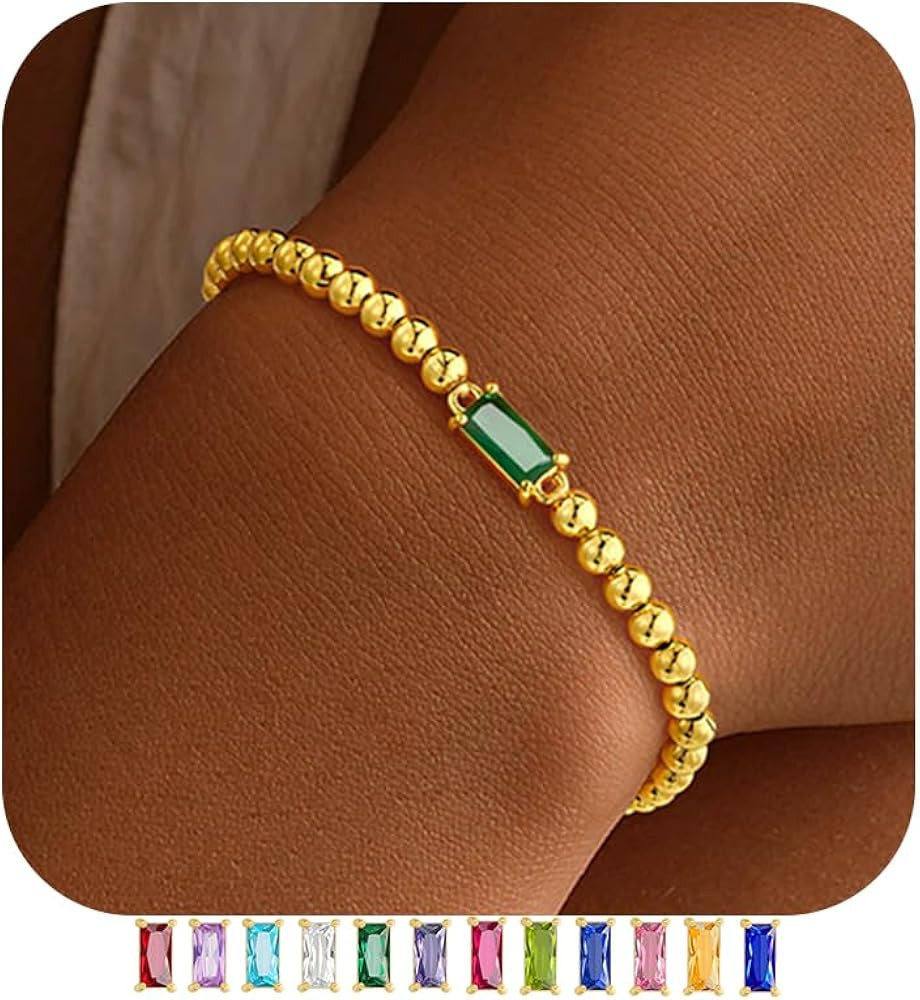 Yoosteel Dainty Birthstone Bracelet for Women - Elastic 14K-Gold-Plated Bead Bracelets Trendy Fri... | Amazon (US)
