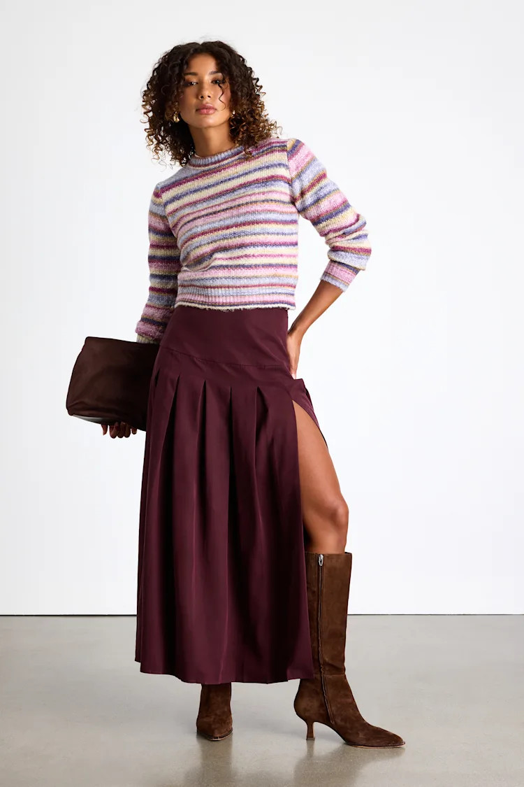 Vessa Burgundy High-Rise Pleated Maxi Skirt | Lulus