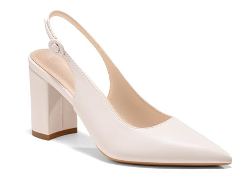 Coutgo Women's Pointed Toe Block Heel Pumps Slingback Chunky Heel Slip On Work Party Dress Shoes, Beige, Size 6.5 | Amazon (US)