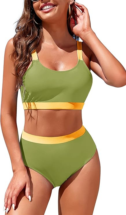 Womens High Waisted Bikini Sets Sporty Crop Top Color Block Swimwear Bandeau Scoop Neck Vintage T... | Amazon (US)