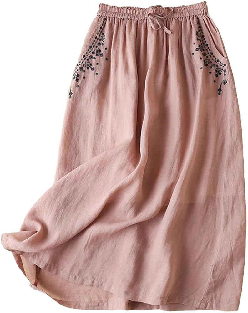 Womens Cotton Linen Skirts Summer Casual High Waisted Drawstring Embroidered Midi Skirt | Amazon (US)