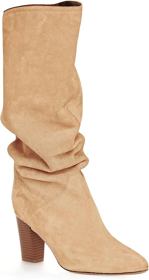 Coutgo Womens Slouchy Knee High Boots Wide Calf Kitten Heel Pointed Toe Pull On Long Boots Winter... | Amazon (US)