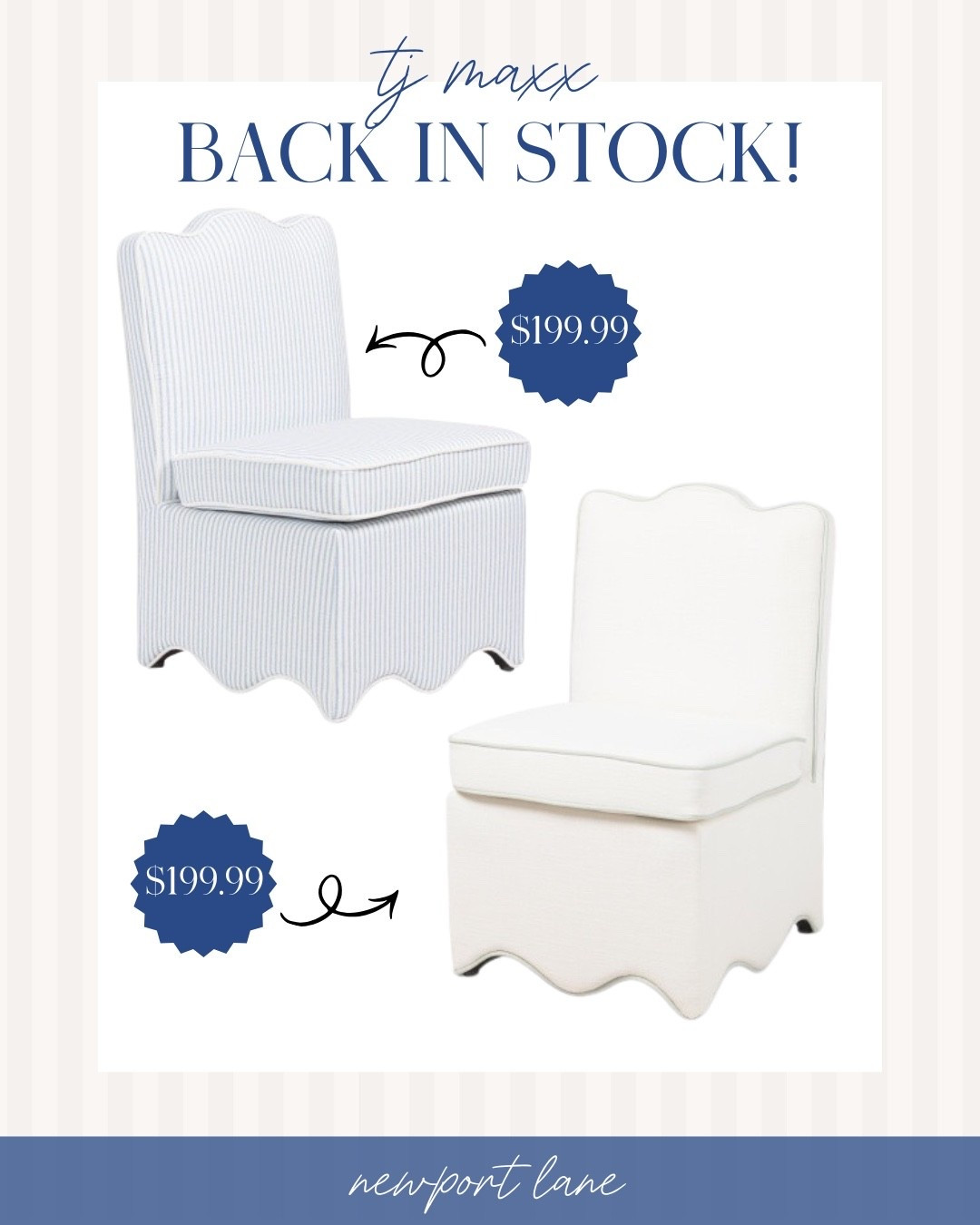 Refresh your reading nook or seating area with these gorgeous scalloped chairs in both stripe and white design! It's really giving that cozy, cottage core vibes.

tj maxx, living room seating, furniture finds, home inspo, shop the look, look for less, accent chairs, cozy vibes 

#LTKSeasonal #LTKU #LTKHome