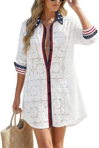 Women Swimsuit Coverup Blouse Eyelet Bathing Suit Cover Up Button Down Shirtdress Long Sleeve Bea... | Amazon (US)