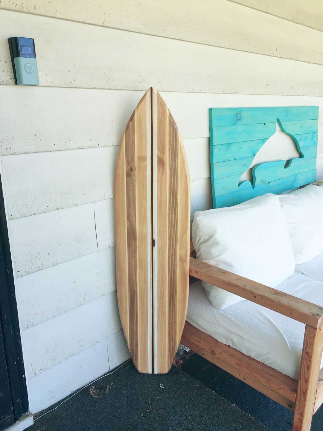 4 foot wood surfboard wall art with natural, stained and white painted stripes | Etsy (US)