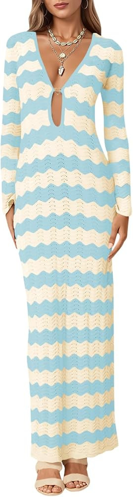Saodimallsu Womens Crochet Summer Maxi Dress Striped Sexy Cut Out V Neck Long Sleeve Knit Cover U... | Amazon (US)
