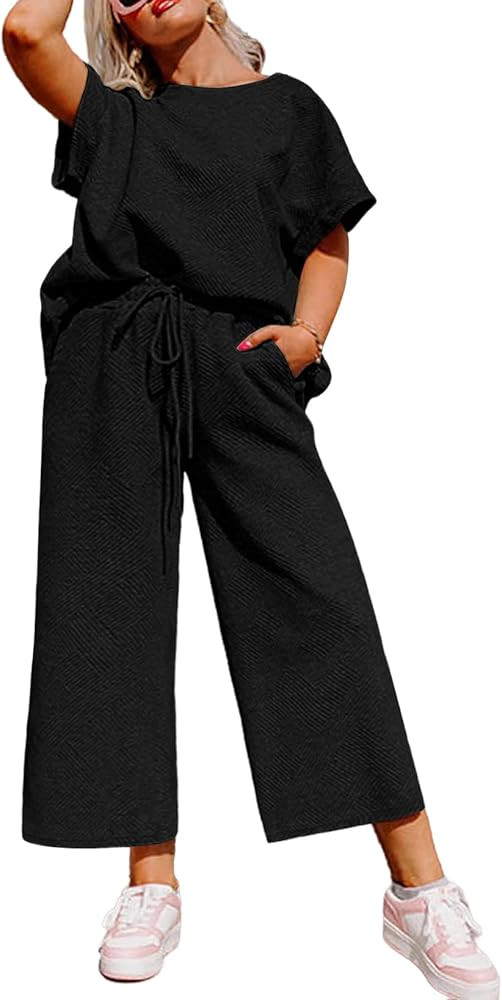 Eytino Womens Plus Size Sweatsuits Casual Short Sleeve Tops High Waist Wide Leg Pants 2 Piece Tra... | Amazon (US)