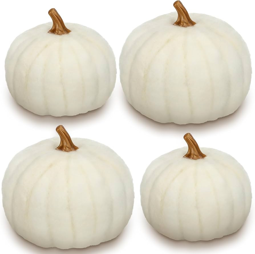 Preboun 4 Pieces Large Wool Fall White Pumpkin Decor Artificial Fabric Pumpkin Harvest Felt Fake ... | Amazon (US)