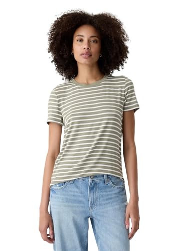 GAP Womens Luxe Short Sleeve Crew Neck T-Shirt Green Stripe L | Amazon (US)