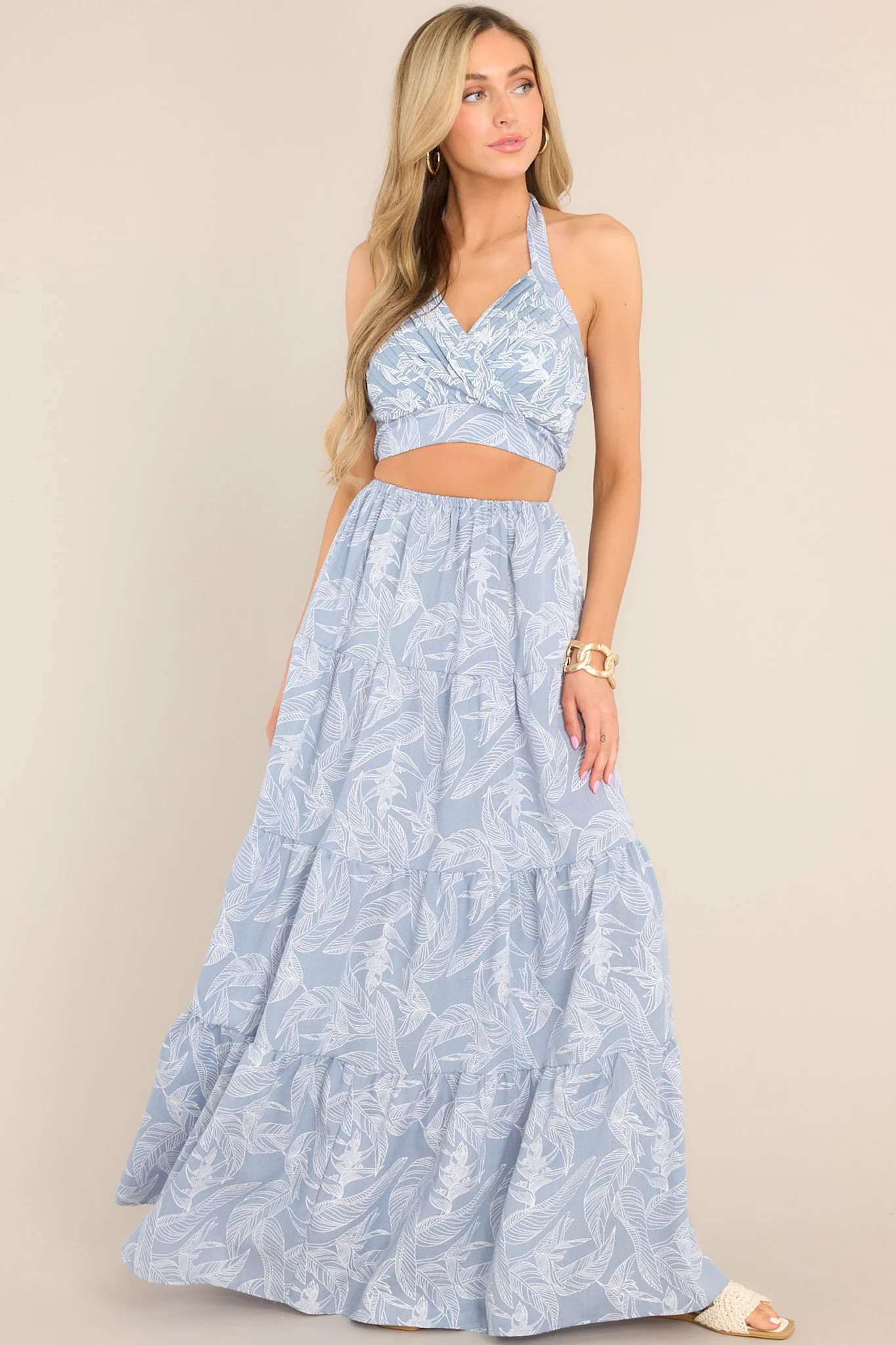Sweet Summer Ash Blue Tropical Print Halter Crop Top | Red Dress
