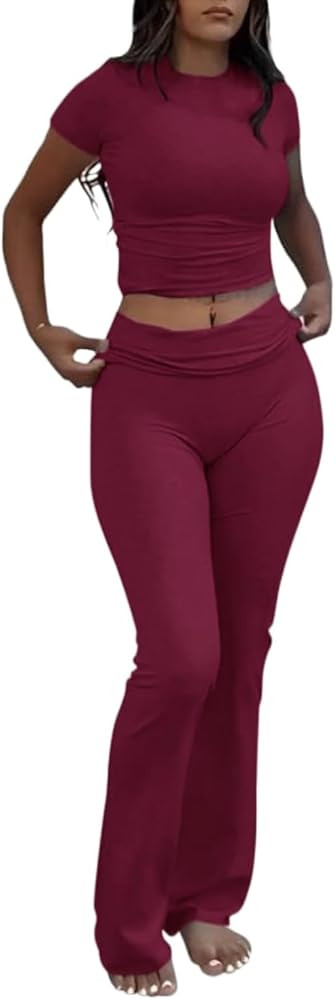 AYWA Women's 2 Piece Lounge Sets Short Sleeve Crop Top Foldover Flare Pants Casual Pajama Outfits | Amazon (US)